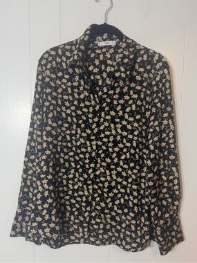 Mango Black Blouse with Cream ginkgo leaf Floral Print